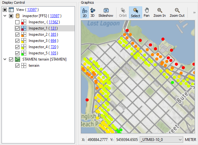 Inspecting points colored to indicate their flood risk zone